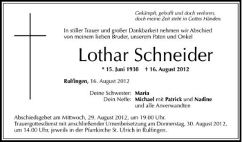 Anzeige von Lothar Schneider von Schwäbische Zeitung