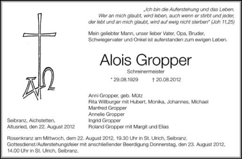  Traueranzeige für Alois Gropper vom 22.08.2012 aus Schwäbische Zeitung