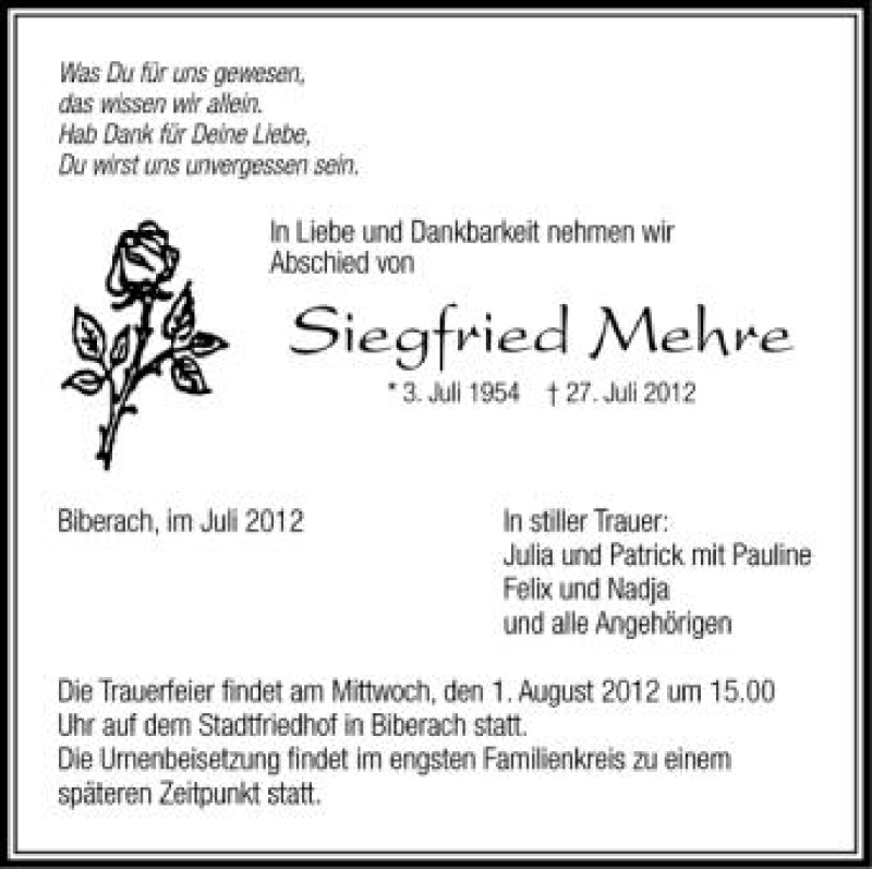  Traueranzeige für Siegfried Mehre vom 31.07.2012 aus Schwäbische Zeitung