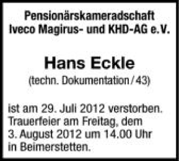 Anzeige von Hans Eckle von Schwäbische Zeitung