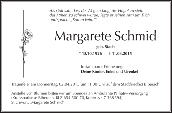 Anzeige von Margarete Schmid von Schwäbische Zeitung