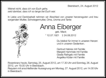 Anzeige von Anna Eiberger von Schwäbische Zeitung