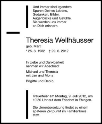 Anzeige von Theresia Wellhäusser von Schwäbische Zeitung