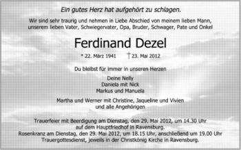 Anzeige von Ferdinand Dezel von Schwäbische Zeitung