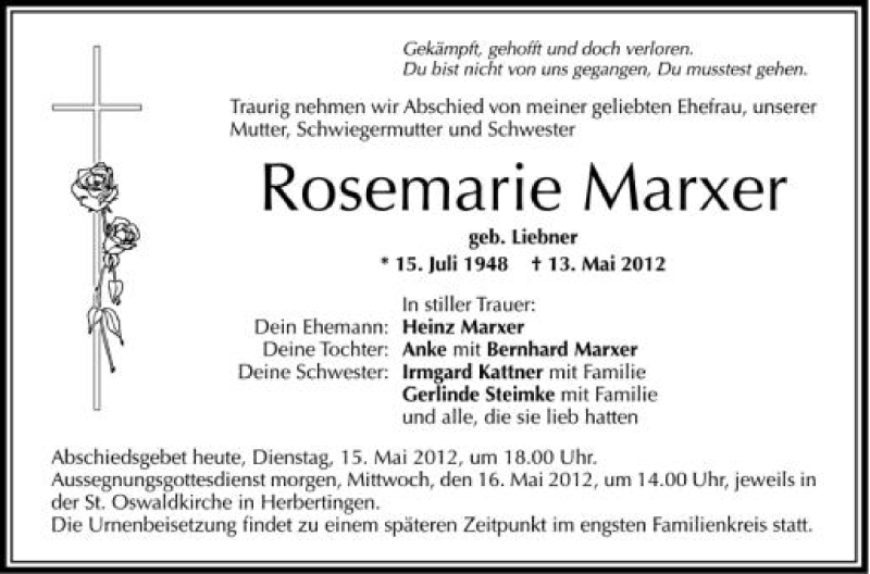  Traueranzeige für Rosemarie Marxer vom 15.05.2012 aus Schwäbische Zeitung