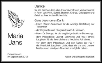 Anzeige von Maria Jans von Schwäbische Zeitung