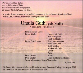 Anzeige von Ursula Guth von Schwäbische Zeitung