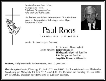 Anzeige von Paul Roos von Schwäbische Zeitung