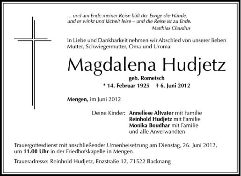  Traueranzeige für Magdalena Hudjetz vom 23.06.2012 aus Schwäbische Zeitung
