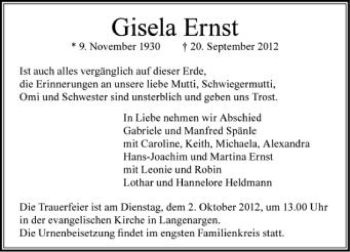 Anzeige von Gisela Ernst von Schwäbische Zeitung