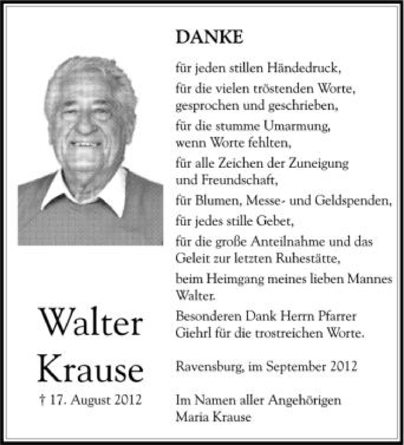  Traueranzeige für Walter Krause vom 01.09.2012 aus Schwäbische Zeitung