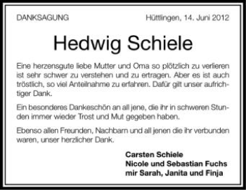 Anzeige von Hedwig Schiele von Schwäbische Zeitung