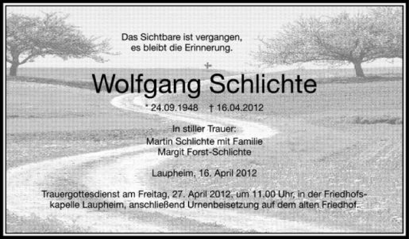  Traueranzeige für Wolfgang Schlichte vom 26.04.2012 aus Schwäbische Zeitung