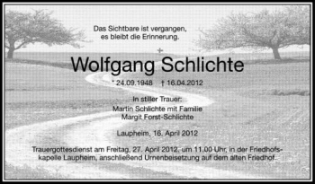 Anzeige von Wolfgang Schlichte von Schwäbische Zeitung