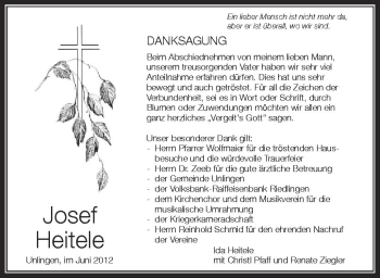 Anzeige von Josef Heitele von Schwäbische Zeitung
