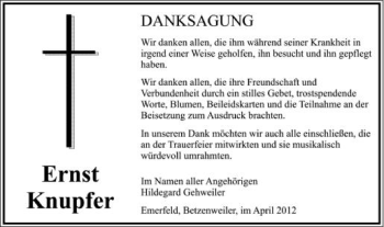 Anzeige von Ernst Knupfer von Schwäbische Zeitung
