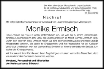 Anzeige von Monika Ermisch von Schwäbische Zeitung
