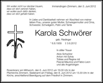 Anzeige von Karola Schwörer von Schwäbische Zeitung