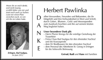 Anzeige von Herbert Pawlinka von Schwäbische Zeitung