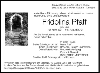 Anzeige von Fridolina Pfaff von Schwäbische Zeitung