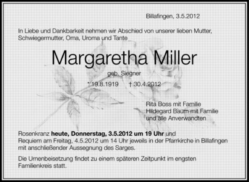  Traueranzeige für Margaretha Miller vom 03.05.2012 aus Schwäbische Zeitung