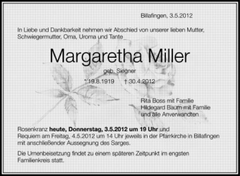 Anzeige von Margaretha Miller von Schwäbische Zeitung