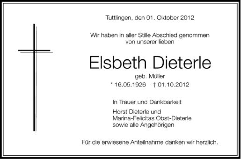  Traueranzeige für Elsbeth Dieterle vom 09.10.2012 aus Schwäbische Zeitung