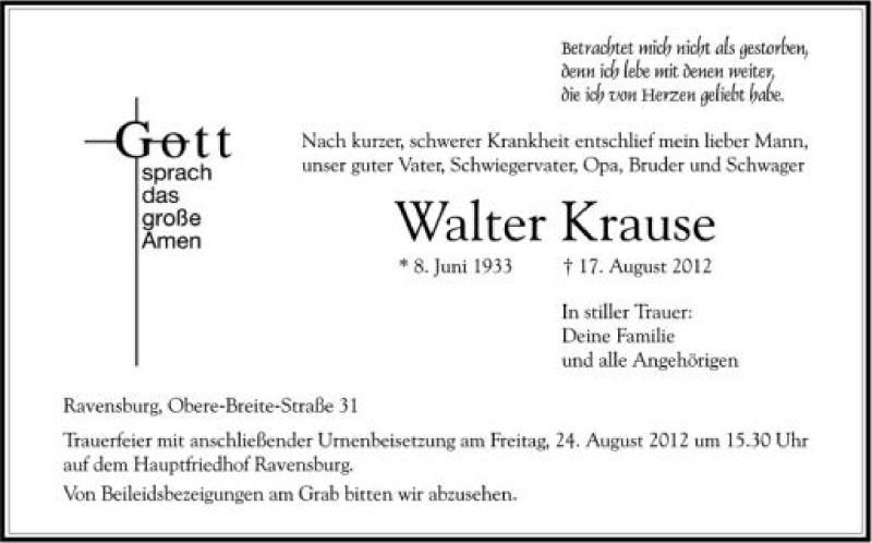  Traueranzeige für Walter Krause vom 22.08.2012 aus Schwäbische Zeitung