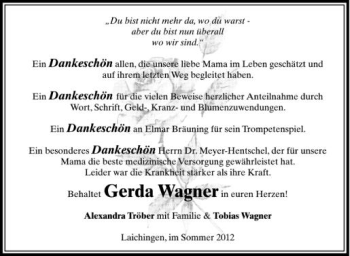 Anzeige von Gerda Wagner von Schwäbische Zeitung