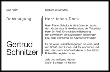 Anzeige von Gertrud Schnitzer von Schwäbische Zeitung