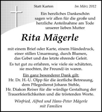 Anzeige von Rita Mägerle von Schwäbische Zeitung