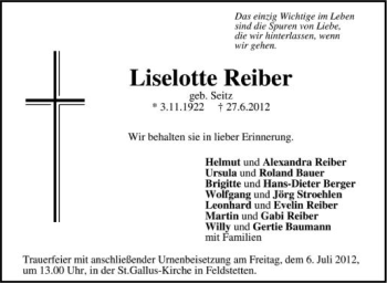 Anzeige von Liselotte Reiber von Schwäbische Zeitung