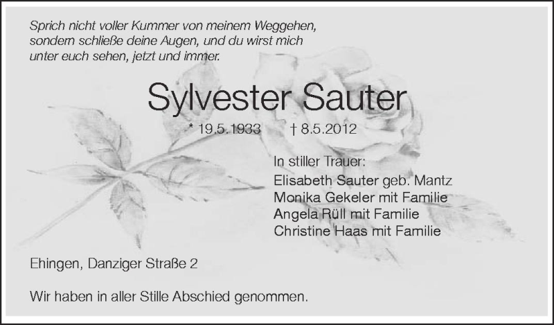  Traueranzeige für Sylvester Sauter vom 12.05.2012 aus Schwäbische Zeitung