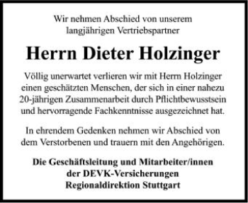 Anzeige von Dieter Holzinger von Schwäbische Zeitung