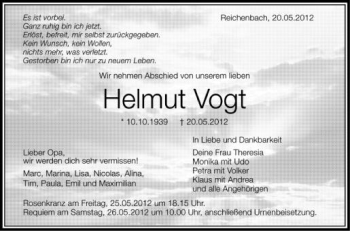 Anzeige von Helmut Vogt von Schwäbische Zeitung