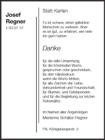 Anzeige von Josef Regner von Schwäbische Zeitung