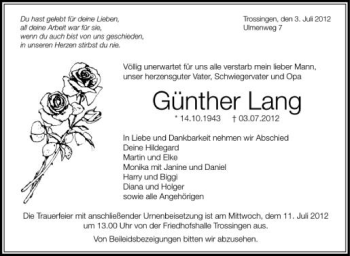 Anzeige von Günther Lang von Schwäbische Zeitung
