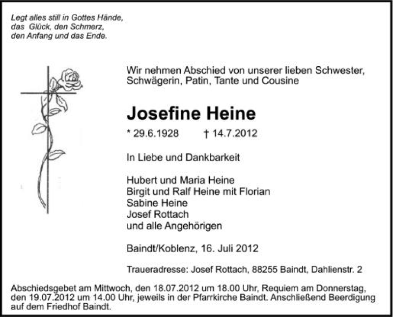  Traueranzeige für Josefine Heine vom 17.07.2012 aus Schwäbische Zeitung