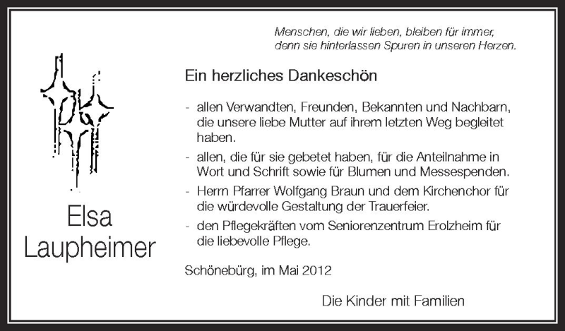  Traueranzeige für Elsa Laupheimer vom 31.05.2012 aus Schwäbische Zeitung