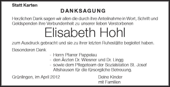 Anzeige von Elisabeth Hohl von Schwäbische Zeitung