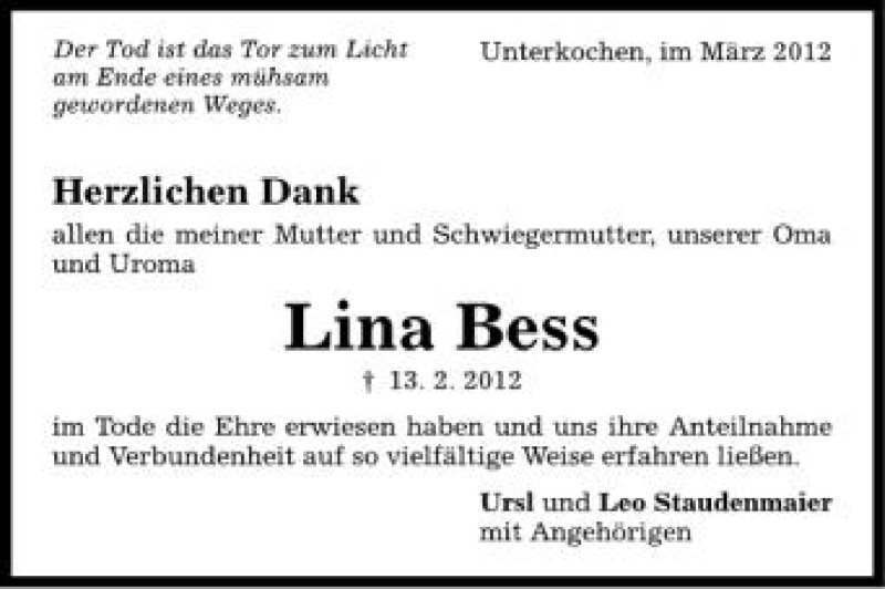  Traueranzeige für Lina  Bess  vom 10.03.2012 aus Schwäbische Zeitung