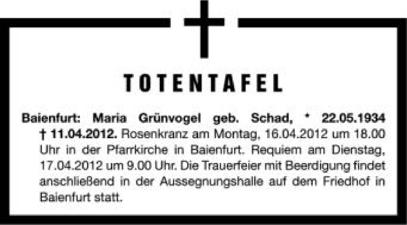  Traueranzeige für Maria Grünvogel vom 13.04.2012 aus Schwäbische Zeitung