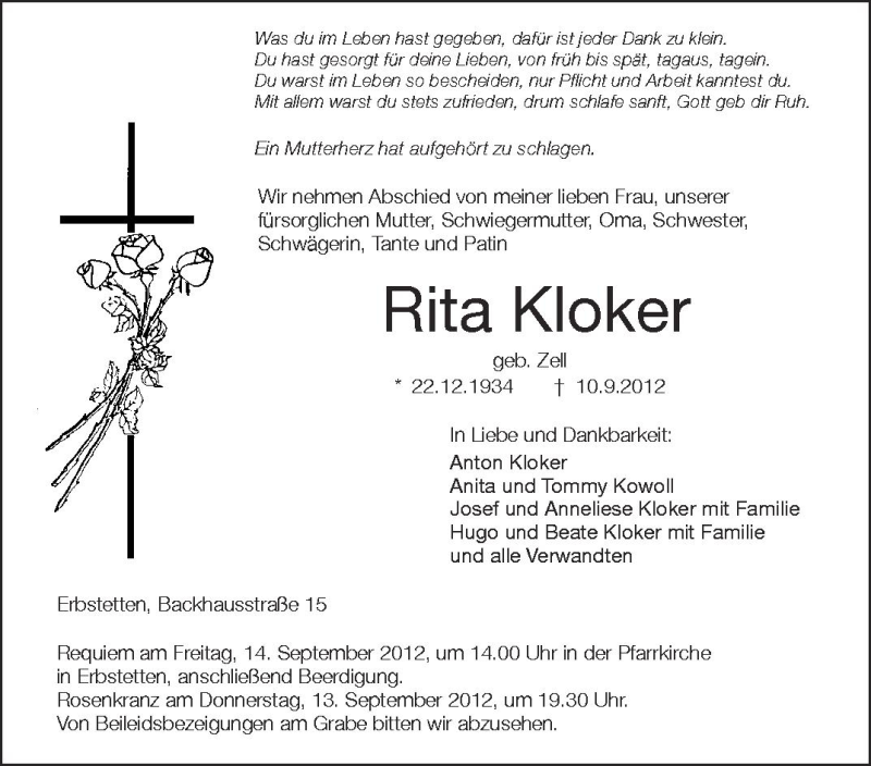  Traueranzeige für Rita Kloker vom 12.09.2012 aus Schwäbische Zeitung