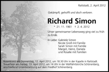 Anzeige von Richard Simon von Schwäbische Zeitung