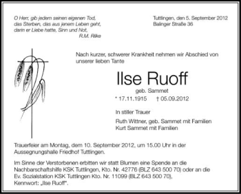 Anzeige von Ilse Ruoff von Schwäbische Zeitung