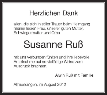 Anzeige von Susanne Ruß von Schwäbische Zeitung
