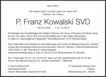 Anzeige von Franz Kowalski von Schwäbische Zeitung