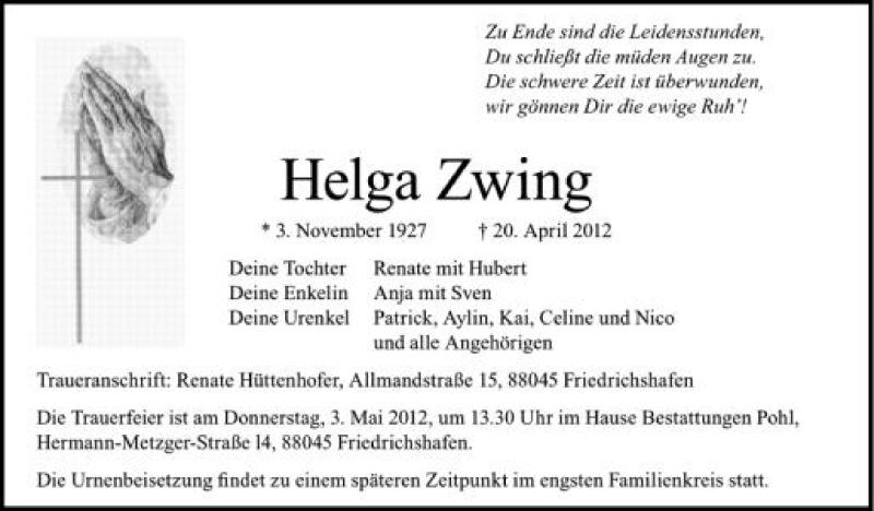  Traueranzeige für Helga Zwing vom 28.04.2012 aus Schwäbische Zeitung