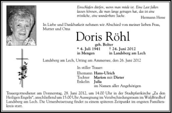 Anzeige von Doris Röhl von Schwäbische Zeitung