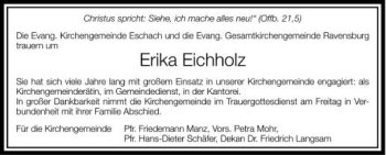 Anzeige von Erika Eichholz von Schwäbische Zeitung